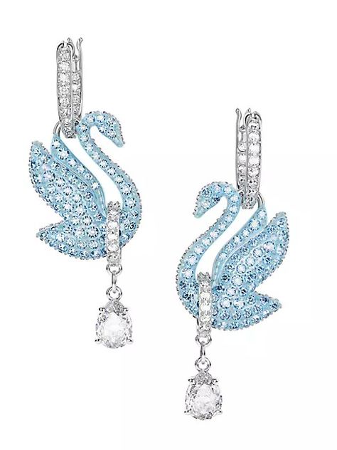 Shop Swarovski Swarovski Iconic Rhodium-Plated & Crystal Swan Drop Earrings | Saks Fifth Avenue Swarovski Swan, Swarovski Stones, White Crystals, Statement Drop Earrings, Crystal Charm, Swarovski Jewelry, Accessories Jewelry Earrings, Wrap Rings, Blue Crystals