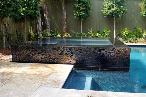 Hot Tub Into Pool, Infinity Hot Tub, Pool Deck Tile, Infinity Spa, Pool Contractors, Pearl River, Hot Tubs, Spa Hot Tubs, Pool Deck