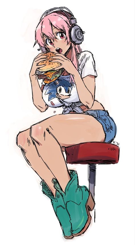 Eating Pose Reference Drawing, Hamburger Drawing, Burger Drawing, Eating Burger, Super Sonico, Super Sonic, Vibes Art, Sketchbook Art Journal, Sonic Fan Art