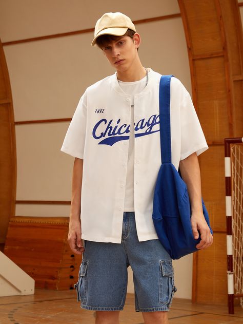 White Casual Collar Short Sleeve Fabric Letter Shirt Embellished Non-Stretch  Men Tops Baseball Shirt Men Outfit, Baseball Tee Outfit Men, Baseball Tee Outfit Aesthetic, Baseball Streetwear, Baseball Style Outfits Men, Baseball Men Outfit, Baseball T Shirt Outfit, White Baseball Jersey Outfit, Club Wear Men