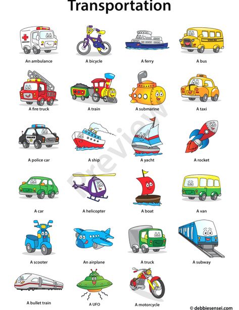 Preschool English Corner: Last Unit Resources 49A Transportation Flashcards, Vocabulary For Kids, Transportation Preschool, Types Of Vehicles, English Activities For Kids, Learning English For Kids, English Worksheets For Kids, English Vocab, Kids English