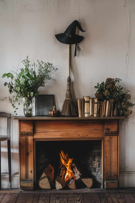 39 Halloween Mantel Decor Ideas To Spookify Your Space Halloween Fireplace Decor Pumpkins, Apothecary Mantle Decor, Old Mantel Ideas, Gothic Mantel Decor, Mantel Halloween Decorations, New England Halloween Decor, Witchy Mantle Decor, Eclectic Halloween Decor, Subtle Halloween Decor