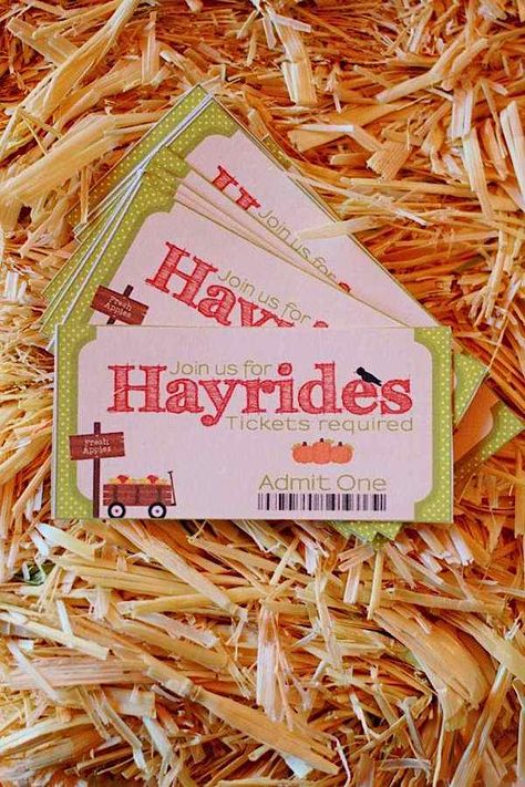 hay ride/tractor ride tickets Technical: 1. Lighting - ambient, possible flags to eliminate glare. 2. Marketing composition informs viewer of event activities. 3. Tight crop to draw viewers eye. Aesthetic: 4. Use of background to creates a country feel. 5. Subject matter is inviting 6. Warm colors to suggest the season. Message: Hayrides! 8. Good marketing brochure/website shot for event. Fall Festival Party, Pumpkin Patch Birthday, Hay Ride, Pumpkin Patch Party, Pumpkin Birthday Parties, Fall Harvest Party, Fall Carnival, Harvest Fest, Fall Birthday Parties