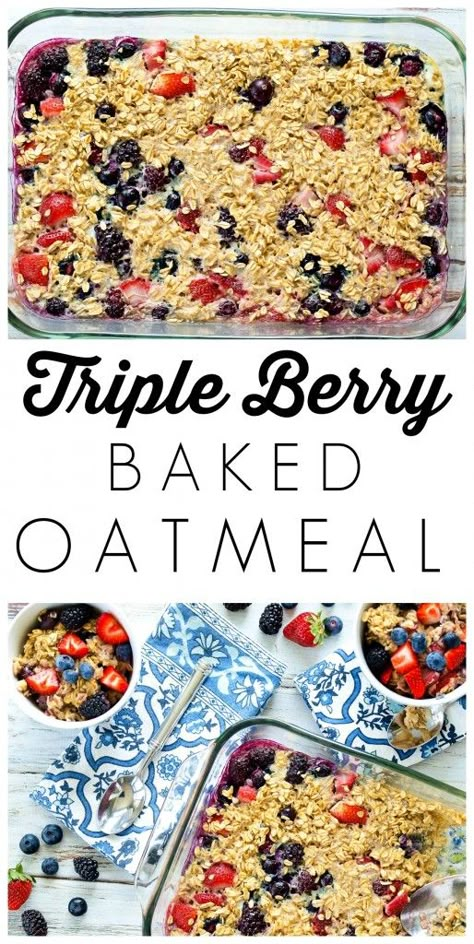 Triple Berry Baked Oatmeal--a healthy breakfast recipe you can mix together the night before and bake in the morning. Easy and delicious! Berry Baked Oatmeal, Baked Oatmeal Healthy, Breakfast Oatmeal Recipes, Healthy Breakfast Recipe, Baked Oatmeal Recipes, Fruit Breakfast, Oatmeal Breakfast, Baked Oatmeal, Oatmeal Recipes