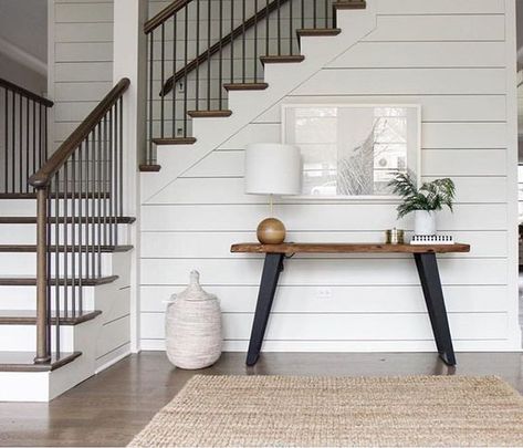 All Things Shiplap! Is it Staying or just a Trend? - Re-Fabbed Vinyl Wall Panels, Modern Farmhouse Living Room Decor, Farmhouse Living Room Decor Ideas, White Shiplap Wall, Wall Planks, Farmhouse Entryway, Staircase Decor, Stair Case, White Shiplap