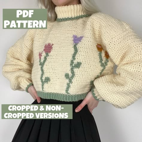 This is NOT A PHYSICAL ITEM but a downloadable PDF file of the pattern for this jumper! This pattern uses US crochet terminology.  This pattern has options to make a cropped sweater as seen in the listing pictures or a longer one :) A cottage inspired flower meadow cosy jumper for you to create! This jumper mainly uses half double crochet throughout and features cosy, slightly oversized sleeves and single crochet ribbing on the cuffs and neckline.  I would not suggest this pattern for a very beg Jumper Crochet, Crochet Sweater Pattern, Crochet Pullover, Crochet Unique, Confection Au Crochet, Crochet Jumper, Flower Meadow, Crochet Design Pattern, Crochet Clothing And Accessories