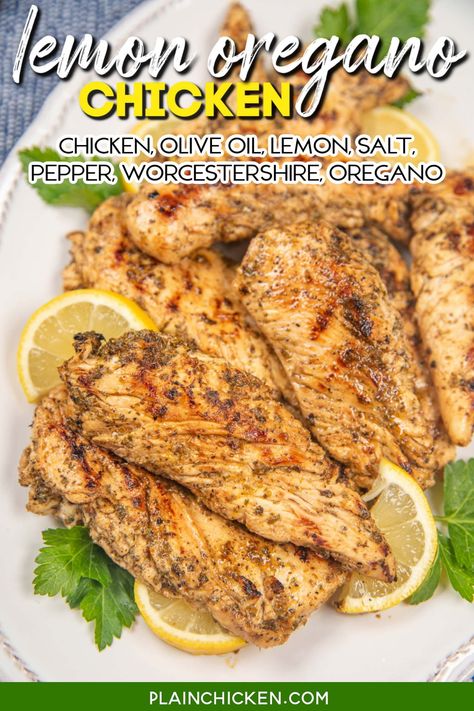 Grilled Lemon Oregano Chicken – chicken tenders marinated in oregano, olive oil, garlic, Worcestershire sauce, and lemon juice. Serve it alongside a refreshing Greek salad and fluffy couscous for a vibrant and satisfying meal that's sure to become a family favorite. Chicken Manicotti, Chicken Marinara, Oregano Chicken, Low Carb Tacos, Chicken Tenderloins, Baked Spaghetti, Tasty Kitchen, Grilled Chicken Recipes, Chicken Marinades