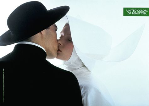 This shock advertisement of a nun and a priest who are kissing was used by the Benetton company to sell clothing. This controversial and unusual picture was used to shock potential customers to get attention. Also, the image angered many Catholics, because it appeared to mock the Catholic religious beliefs. Best Advertising Campaigns, Tibor Kalman, Steve Mccurry, Publicidad Creativa, Italian Outfits, Creative Advertising, United Colors Of Benetton, Advertising Campaign, Ad Campaign