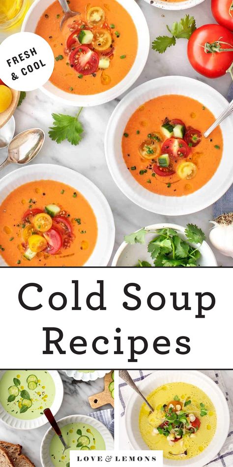 These cold soup recipes are cool and refreshing - perfect for hot summer days! Light, healthy, and packed with fresh veggies, they include classic gazpacho, chilled corn soup, and more. Cold Soup Recipes Summer, Summer Soup Recipes, Cold Soup Recipes, Cold Soups, Gazpacho Recipe, Chilled Soup, Zucchini Soup, Summer Soup, Croutons Homemade