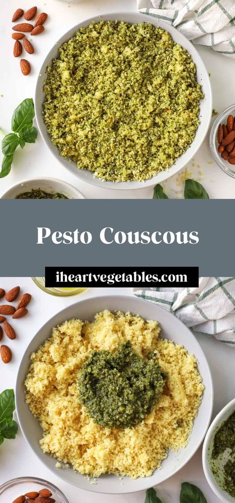 This pesto couscous recipe is a flavorful and easy side dish that is perfect to pair with just about anything! Made with fluffy couscous and an easy homemade pesto, this dish is simple yet delicious. Pesto Couscous, Simple Couscous Recipes, Pesto Rice, Making Couscous, Vegetable Couscous, Couscous Recipe, Couscous Recipes, Vegan Pesto, How To Make Pesto