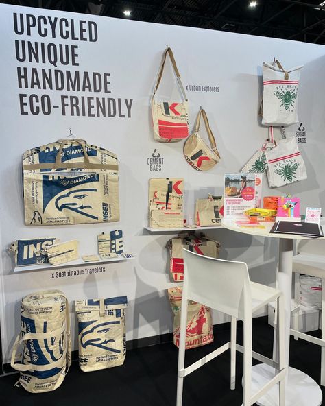 OUR TRADE FAIR BOOTH. Proud to present our upcycled, unique, handmade and eco-friendly bags on the global stage. Visit us at Maison et Objet in Paris!⭐️ @maisonetobjet Trade Fair Booth, Bag Exhibition, Upcycled Tote, Fair Booth, Portland Cement, Trade Fair, Bag Display, Eco Friendly Bags, Branded Bags