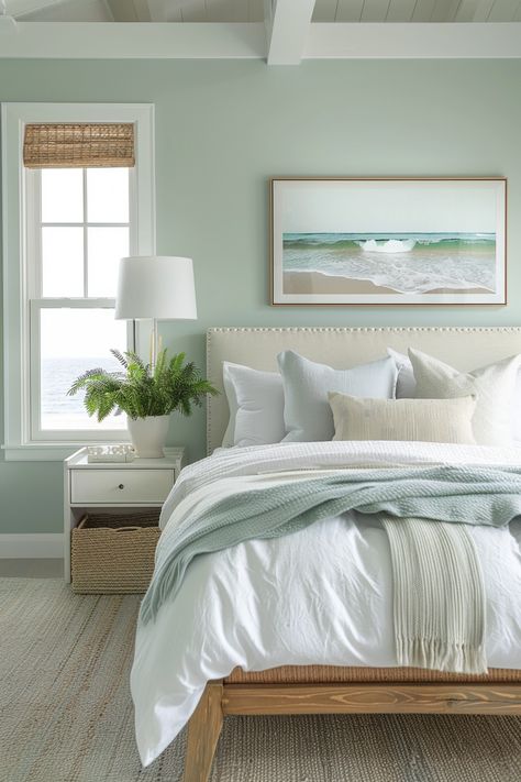 31 Sage Green Bedroom Ideas Grey And Seafoam Bedroom, Calm Blue Green Bedroom, Bedroom With Mint Green Walls, Seafoam Green And Grey Bedroom, Light Green Coastal Bedroom, Soothing Master Suite, Sage Green Beach Bedroom, Elevated Coastal Bedroom, Sage And Light Blue Bedroom