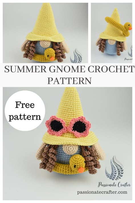 Easy beginner crochet beach gnome with a duck floaty and flower sunglasses. Crochet summer gnome. garden gnome crochet pattern. Easy gnome pattern. Home decor for summer. #easygnomepattern #crochetgnome #beachgnome Crochet Summer Gnome, Animaguri Crochet, Summer Gnomes, Crochet Summer Hat, Crochet Summer Ideas, Crochet Gnomes, Crochet Gnomes Pattern Free, Crochet Baby Costumes, Crochet Amigurumi Free Patterns