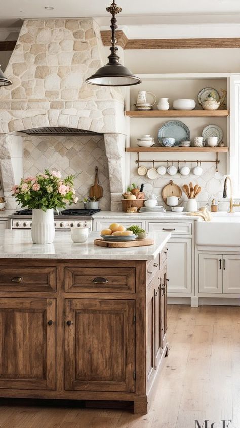 Get inspired by 30+ beautiful French country kitchen ideas 🍽️🍞. Perfect for adding timeless charm to your home! Country Home Kitchen Ideas, Transitional Country Home, French Tudor Kitchen, Organic French Country, Kitchen Remodel Country Farmhouse Style, French Stove Range, French Style Farmhouse, French Country Dormers, Brick Arch Over Stove