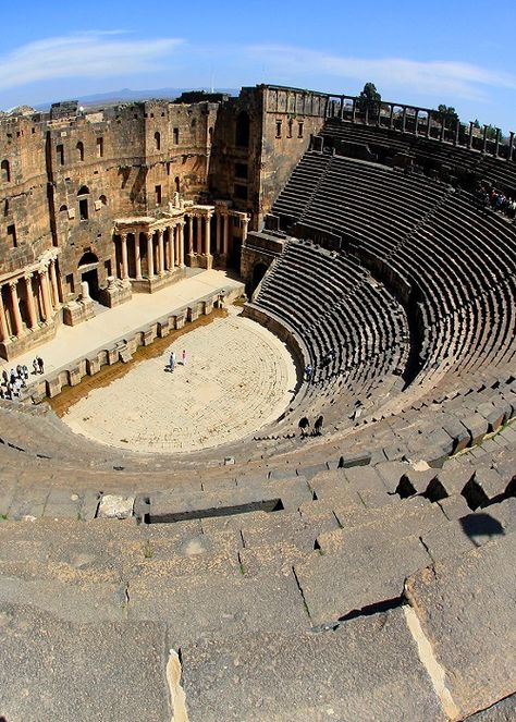 Ancient Theater at Bosra, Syria -  built in the second quarter of the 2nd… Bosra Syria, Ancient Rome Architecture, Ancient Theater, Rome Architecture, Architecture Antique, Ancient Places, Roman Theatre, Empire Romain, Roman Architecture