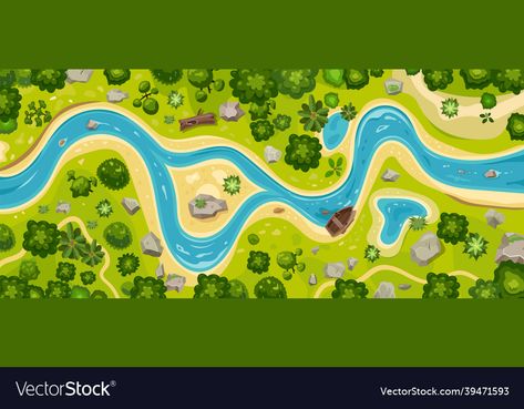 Forest Stream Illustration, Forest Top View Illustration, River Top View, Landscape Top View, River In Forest, River Illustration, River Drawing, Stream Landscape, Lazy River Pool