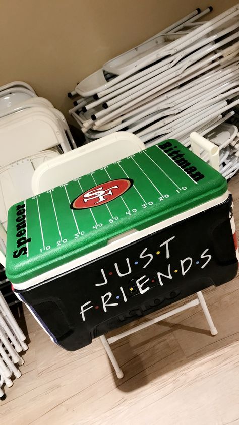 Football Field & Just Friends cooler #fratformal #painted #cooler #49ers #sanfrancisco #justfriends Frat Cooler Side Ideas, Frat Cooler Football Field, Frat Ice Chest Cooler Painting, Top Of Frat Cooler Ideas, Frat Formal Coolers Funny, Frat Coolers Vegas, Cooler Decorating Ideas, Golf Frat Cooler, Easy Frat Coolers Ideas