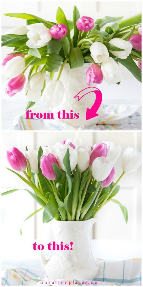 Roses And Tulips Bouquet Floral Arrangements, Tulips In Mason Jars, Fresh Tulip Arrangements, How To Make A Tulip Bouquet, Tulip Bouquet Ideas, Tulip Arrangement Ideas Floral Design, Drooping Tulips, Tulip Vase Arrangement, Easter Decorating Ideas For The Home