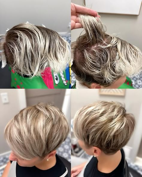 NE Florida Short Hair Stylist on Instagram: "Becky's hair went from regrowth on platinum ends to platinum blonde highlights plus, champagne blonde highlights, plus a cozy chocolate lowlight. She’s all ready for fall and winter! 💇‍♀️🍂❄️ #ameliaisland #ameliaislandhairstylist #fernandinabeach #fernandinabeachhairstylist #shorthairstylist #highlightlowlight #pixiecuts" Short Blonde With Highlights, Blond Short Hair With Lowlights, Low Lights On Short Hair, Cool Blonde Highlights Short Hair, Platinum Blonde Highlights On Brown Hair Short Hair, Short Brown Hair With Ash Blonde Highlights, Platinum Blonde With Lowlights Short, Pixie With Blonde Highlights, Blonde Highlights On Light Brown Hair Short