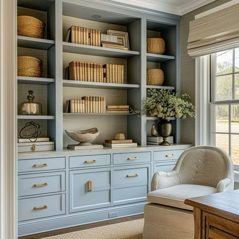 Instagram Blue Office Built Ins, Book Cabinet Ideas, Coastal Library Room, Blue Built In Bookcase, Hall Bookshelf, Blue Built Ins, Home Office With Built Ins, Repurpose Dining Room, Blue Home Office