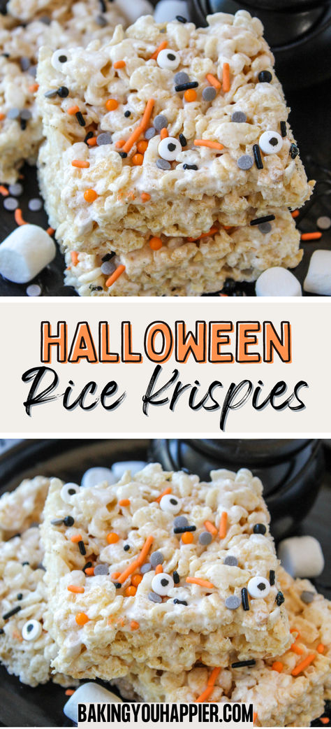 Easy Rice Crispy Treats Recipe, Halloween Rice Krispie Treats Ideas, Halloween Rice Crispy Treats, Candy Corn Recipe, Halloween Rice Krispie Treats, Halloween Menu, No Bake Pumpkin Pie, Krispie Treats Recipe, Rice Krispies Treats