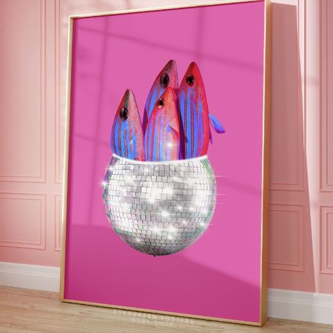 ◍ Large Size funky print with fresh sardines in disco ball to decorate your kitchen, dining room, living room or dorm. You can download this digital art print instantly after purchase, and print it yourself to the dimension that you need. Fits perfectly in all standard and IKEA frames. Large size up to A1! Disco Food, Fresh Sardines, Pink Dining Room, Disco Ball Decor, Ikea Frames, Trendy Art, Disco Ball, Digital Art Prints, New Trends