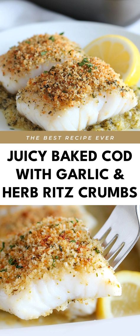 Image for Juicy Baked Cod with Garlic & Herb Ritz Crumbs Ina Garten Cod Ritz Cracker, Baked Cod Breadcrumbs, Herb Crusted Cod, Cod Tenderloin Recipes, Breaded Cod Fish Recipes, Best Haddock Fish Recipes, Stuffed Baked Fish, Ritz Cracker Cod, Roasted Cod Recipes