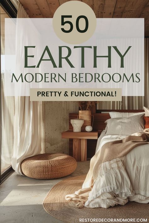 Discover over 50 earthy modern bedroom ideas to transform your space into a cozy sanctuary. From warm, earthy color schemes to inviting textures, find inspiration to create a soothing retreat that feels like home. Perfect for anyone looking to add a touch of nature-inspired tranquility to their bedroom décor. Simple Bedroom Ideas For Women, Taupe Color Bedroom Ideas, Tulum Bedroom Ideas, Cozy Bedroom Design Ideas, Earthy Boho Bedroom Aesthetic, Bedroom Earthy Aesthetic, Earthy Boho Bedroom Paint Colors, How To Make A Bedroom Feel Cozy, Restful Bedroom Ideas