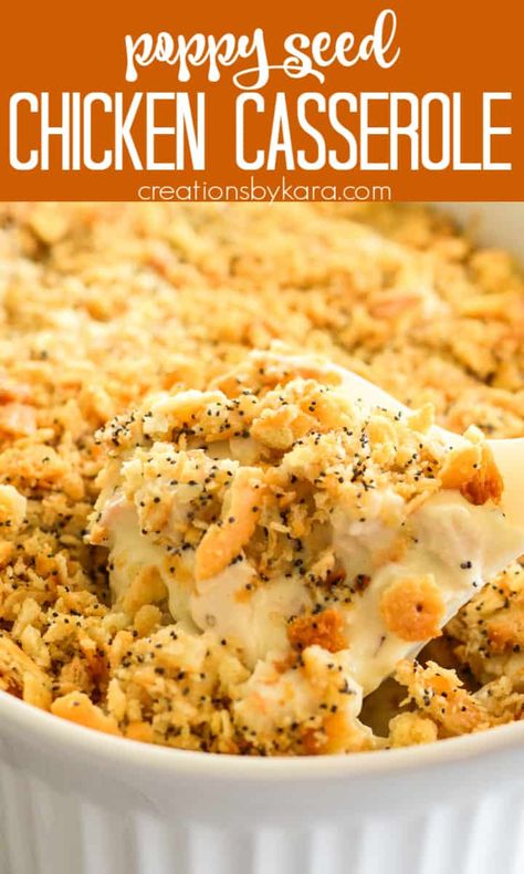 Poppy Seed Chicken Casserole recipe - this rich and creamy chicken casserole is a favorite dinner recipe that everyone loves! Tips for making the best poppy seed chicken casserole. #poppyseedchicken #poppyseedchickenrecipe #chickencasserole @Creations by Kara Casserole Ritz Crackers, Poppyseed Chicken Recipe, Poppyseed Chicken, Ritz Cracker Topping, Fowl Recipes, Poppy Seed Chicken Casserole, Poppy Seed Chicken, Ritz Cracker, Chicken Drumstick Recipes