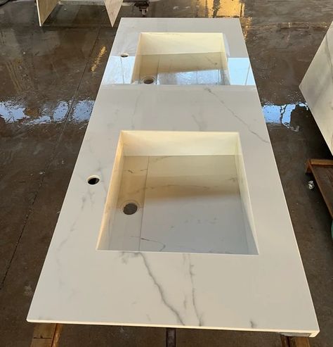 EgeMarbleDesign - Custom Order Interior Marble & Stone Design - Etsy Double Porcelain Bathroom Sink, One Piece Bathroom Sink And Countertops, White Quartz Bathroom Countertops, Vanity Countertop Ideas, White Quartz Bathroom, Calacatta Lincoln, Quartz Bathroom Countertops, Countertop Marble, Porcelain Kitchen Sink