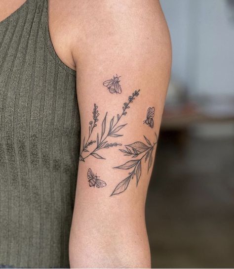 Botanical Bee Tattoo, Cute Dragon Fly Tattoo, Botanical Shoulder Tattoo, Botanical Wrap Tattoo, Bee And Flower Tattoo, Arm Wrap Tattoo, Whimsical Tattoos, Around Arm Tattoo, Wrap Around Tattoo