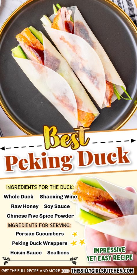 Peking Duck Breast Recipe, Peking Duck Recipe, Duck Pancakes, Duck Breast Recipe, Duck Recipe, Tender Meat, Honey And Soy Sauce, Peking Duck, Honey Soy