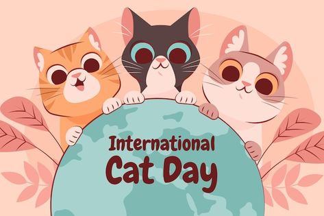 Cat Day International, Wallpaper August, Logo Chat, World Cat Day, Cat Draw, Pet Branding, Cute Animal Quotes, National Cat Day, Balloon Background