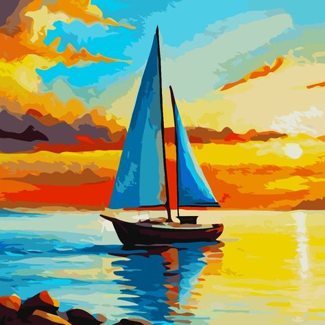 Sailboat Painting Acrylic, Fishing Painting, Glass Painting Patterns, Beach Art Painting, Sailboat Art, Sailboat Painting, Diy Watercolor Painting, Seascape Art, Boat Art