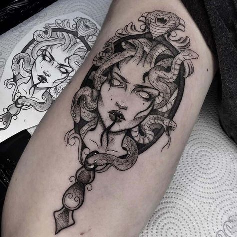 The Medusa Gaze Tattoo Medusa Tattoo Design Ideas, Unique Medusa Tattoo, Medusa Tattoo Meaning, Tattoos Medusa, Mirror Tattoos, Traditional Tattoo Inspiration, Medusa Tattoo Design, Realistic Tattoo Sleeve, Tattoo Now