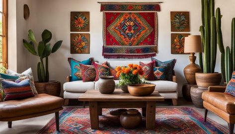 Unique Mexican Home Decor Ideas for a Vibrant Interior Mexican Farmhouse Decor Living Room, Latino Home Decor, Mexican Hacienda Decor Living Room, Mexican Home Decor Modern Living Room, Mexican Hacienda Living Room, Mexican Boho Home Decor, Modern Mexican Decor Interior Design, Mexican Homes Interior Design, Hacienda Decorating Ideas