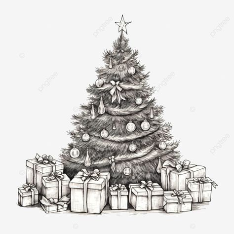 hand drawn festive christmas tree and gifts concept sketch christmas sketch hand drawn christmas c Christmas Tree Drawing Realistic, Christmas Cards Sketch, Christmas Landscape Drawing, Christmas Tree Drawing Aesthetic, Christmas Sketch Ideas, Holiday Sketches, Christmas Pyrography, Christmas Sketches, Christmas Tree Sketch