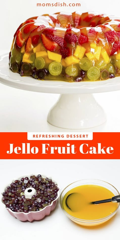 Jello Wedding Cake, Cakes Made With Fruit, Rainbow Fruit Cake, Jello With Fruit Recipe, Fruit Jello Cake, Jello And Fruit, Jello Fruit, Jelly Ideas Desserts, Jello Cake With Fruit