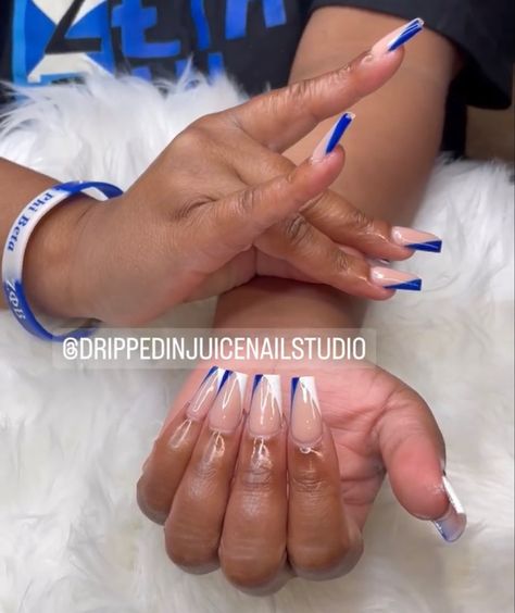 White Acrylic Nails Medium Length, Zeta Phi Beta Nails, Blue And White Acrylic Nails, Zeta Nails, French Tip Styles, Acrylic Nails Medium Length, Acrylic Nails Medium, Nails Blue And White, Short French Tip