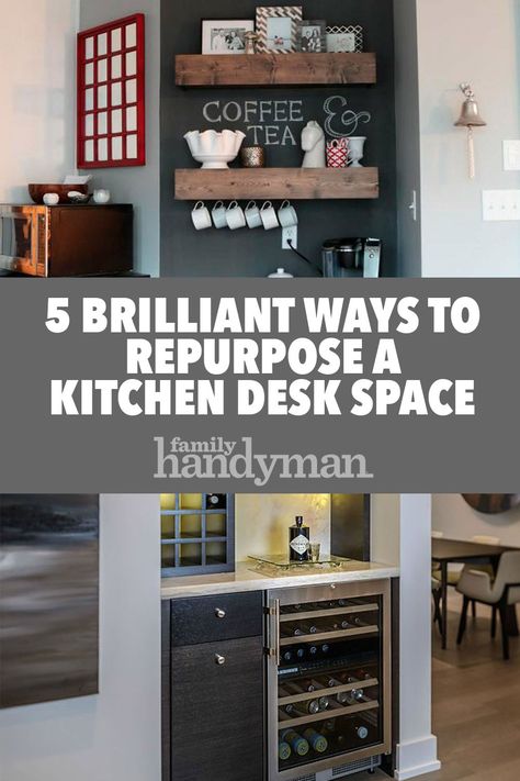 5 Brilliant Ways to Repurpose a Kitchen Desk Space Kitchen Cabinet Nook Ideas, What To Do With Extra Kitchen Space, Kitchen Office Nook Ideas, Kitchen Counter Desk Area, Kitchen Desk Nook Ideas, Kitchen Computer Desk, Using Kitchen Cabinets For Office, Kitchen Desk Area To Coffee Bar, Kitchen Desk Space Repurpose