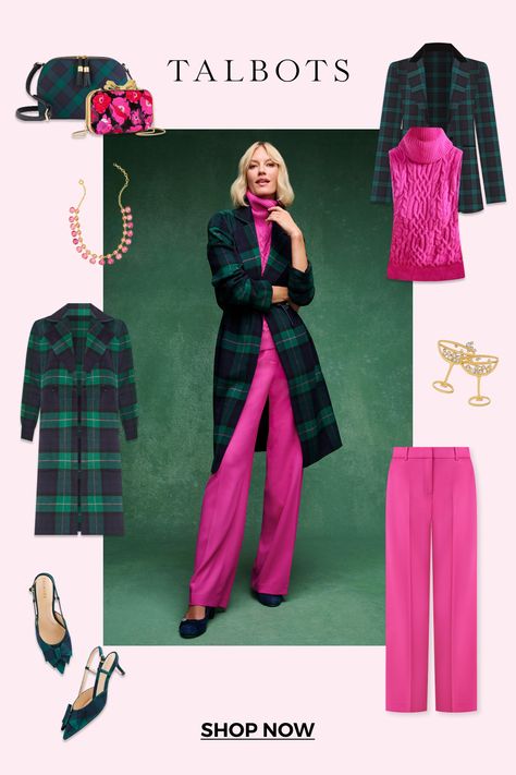 Perennial favorite Black Watch plaid gets all dolled up this holiday—with festive and feminine fuchsia. Shop Talbots NEW holiday lookbook now! Talbots Holiday Outfits, Talbots Outfits Fall 2024, Black Watch Plaid Outfit, Pink Holiday Outfits, Pink Turtleneck Outfit, Turtleneck Outfit Winter, Christmas Plaid Outfit, Plaid Christmas Outfit, Fuchsia Outfit