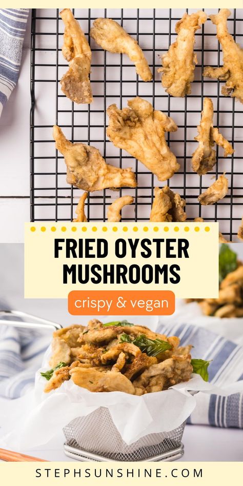 You NEED to try these crispy on the outside, tender on the inside fried oyster mushrooms. They're easy to make, full of flavor, and completely vegan! (And if you make them, leave a comment and let me know!) Crispy Oyster Mushrooms, Oyster Mushroom Recipe Air Fryer, Enochi Mushrooms Recipe, Air Fryer Oyster Mushrooms, Fried Oyster Mushroom Recipe, Healthy Appetizers For Party, King Oyster Mushroom Recipe, Party Food Vegan, Fried Oyster Mushrooms