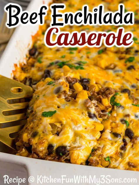 With ingredients like ground beef, enchilada sauce, beans, corn, and tortillas, this Easy Beef Enchilada Casserole recipe offers all the great flavors of classic enchiladas with none of the work. Perfect for busy weeknights! #groundbeefrecipes #easycasseroles #texmexrecipes Ground Beef Recipes For Dinner Easy Mexican Enchilada Casserole, Ground Pork Enchiladas Easy, Easy Ground Beef Enchilada Recipe, Ground Beef Corn Recipes, Quick Easy Mexican Meals, Hamburger Enchilada Casserole, Easy Beef Enchilada Casserole, Taco Enchilada Casserole, Enchiladas Casserole Beef