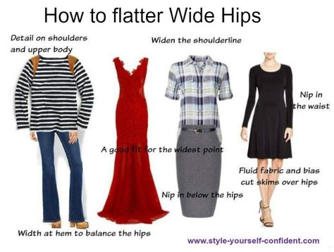 How to flatter wide hips #wide hips #curved hips  http://www.style-yourself-confident.com/wide-hips.html Big Hips Fashion, Pear Body Shape Fashion, Pear Shape Fashion, Hourglass Fashion, Pear Body Shape, Curvy Hips, Fashion Tips For Women, Types Of Dresses, Styling Tips