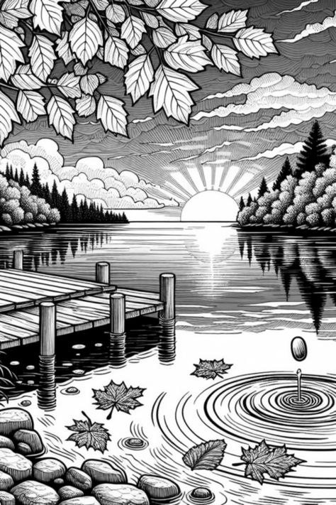 Bring a splash of color to your relaxing time with this stunning Sunset Serenity by the Lake coloring page! Picture a serene lake with vibrant orange and red hues in the sky at sunset, rustic wooden dock, playful trees framing your view, and leaves gently floating atop the water. Perfect for winding down, enjoying your favorite shades, and expressing your creative side. Download this incredible coloring page for a peaceful escape while creating your own masterpiece! Lake Pencil Drawing, Lake Doodle, Dock Drawing, Sunset Coloring Pages, Sonic Coloring Pages, Reflection Drawing, Sonic Coloring, Forest Coloring Pages, Blackboard Drawing