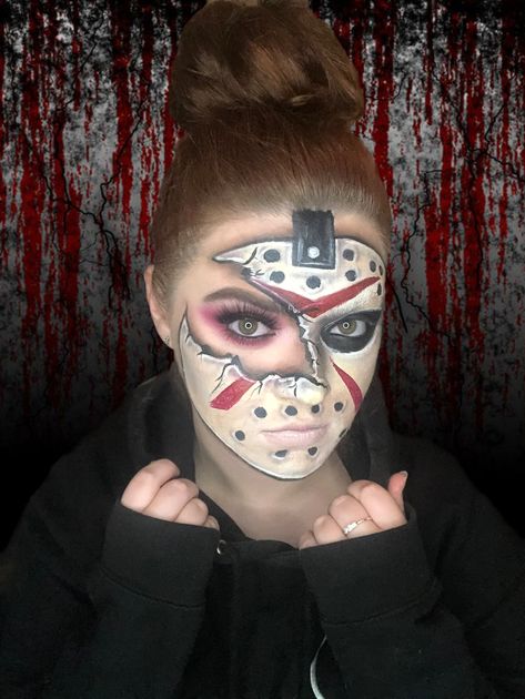 Jason Vorhees Makeup Women, Jason Face Makeup, Jason Halloween Makeup Women, Friday 13th Makeup Ideas, Jason Voorhees Makeup Female, Jason Face Paint, Jason Mask Makeup, Friday 13th Makeup, Jason Makeup Halloween Friday The 13th