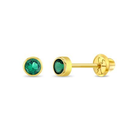 Classic, petite and sparkly, these 3mm simulated emerald birthstone stud earrings set in 14k gold for baby girls are perfect for daily use. Featuring a bright green cubic zirconia stone in a bezel setting, these girl's earrings are ideal for a babies first ear piercing. Crafted entirely of 14k gold, these kid's earrings are suitable for sensitive ears, featuring the very precious material and craftsmanship. The threaded safety screw back design secures them to your childs ears, making them condu First Ear Piercing, Ear Peircings, Ear Piercing Studs, Emerald Birthstone, Ruby Birthstone, Kids Earrings, Ear Piercing, Stud Earrings Set