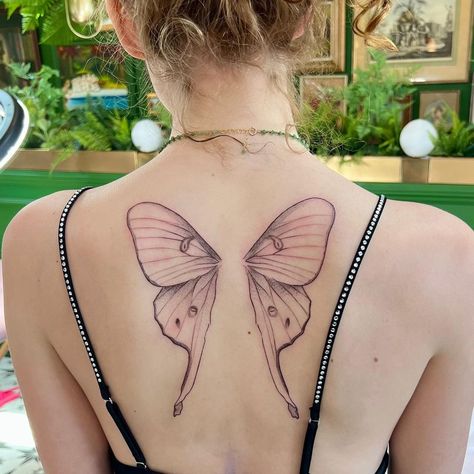 Supersweet Tattoos & Coffee (@supersweettattoo) posted on Instagram • Apr 8, 2022 at 7:14pm UTC Celestial Moth Tattoo, Fluffy Moth Tattoo Design, Luna Moth Wings, Whimsical Moth Tattoo, Girly Moth Tattoo Design, Small Wings Tattoo, Girly Moth Tattoo, Fairy Wing Tattoos, Butterfly Wing Tattoo