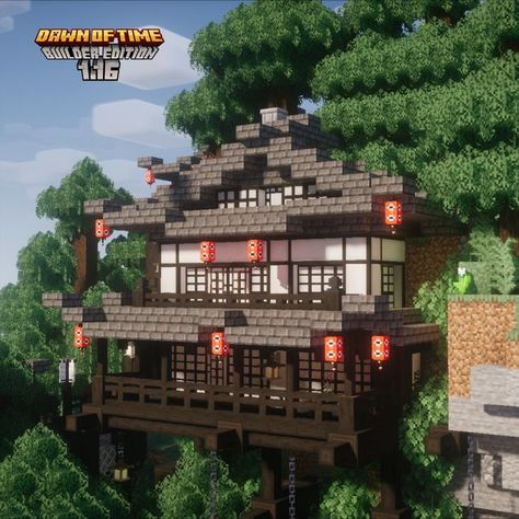 Minecraft Japanese house on the cliff w/ Dawn of Time mod Japanese Exterior House, Minecraft Cliff House, Japanese Minecraft Builds, Japanese Exterior, Minecraft Japanese House, Cottage Minecraft, Minecraft Starter House, Minecraft Japanese, Minecraft Houses Survival