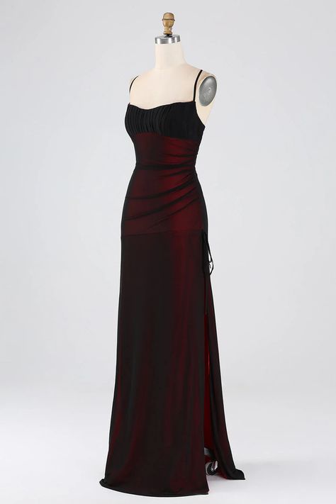 Sheath Spaghetti Straps Floor Length Bridesmaid Dress Bridesmaid Gothic Dress, Red And Black Maid Of Honor Dress, Maroon Long Dress Formal, Uk Prom Dress, Whimsigoth Dress Formal, Red And Black Dress Prom, Long Dark Purple Dress, Dark Colored Prom Dresses, Prom Dresses Black And Red